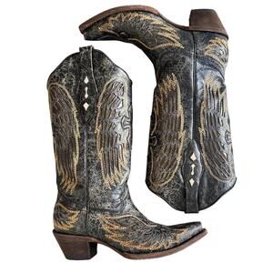 Corral Vintage Silver Cross Gold Wings Boots w/ Box Size 7 EUC Inlay Embroidered